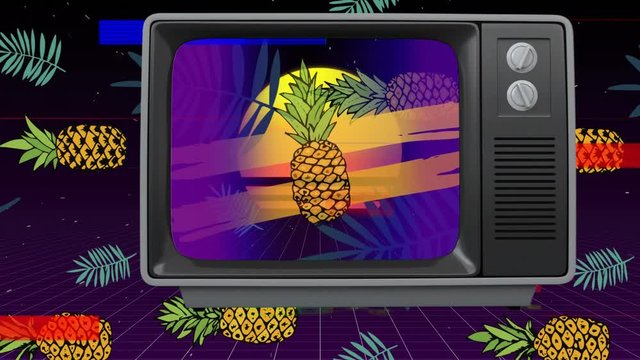 Front view of an old TV with sizzling screen when TV switch on then pineapple