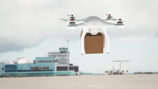 Animation of delivery drone against a cargo ship 