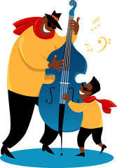 Father and son playing a jazz contrabass, EPS 8 vector illustration