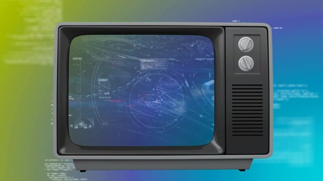 Old TV with cityscape on the screen against becolorful background