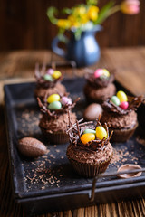 Easter nest cupcakes with chocolate whipped cream