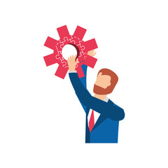 businessman with puzzle pieces in shape pinion