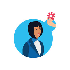 businesswoman with puzzle pieces in shape pinion