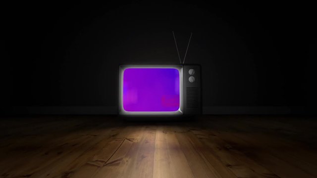 Old TV with cityscape surrounded by scrambled effect on the pink screen