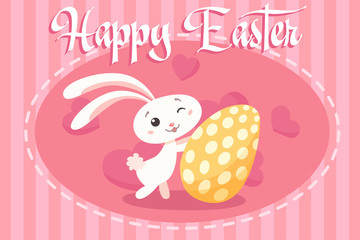 Happy Easter bunny with big egg and a lot of hearts. Vintage card. Vector illustration of colorful easter rabbit on pink background. Greeting card template