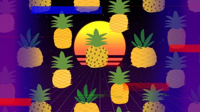 Pineapple with beatch sunset on center of video with sizzle srip on foreground