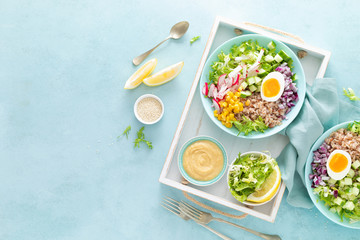 Buddha bowl with boiled egg, rice and vegetable salad of fresh lettuce, radish, cucumber, corn, onion and sesame seeds and chickpea sauce