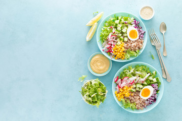 Buddha bowl with boiled egg, rice and vegetable salad of fresh lettuce, radish, cucumber, corn, onion and sesame seeds and chickpea sauce