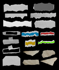 Set of ripped old paper on black background, space for advertising copy.