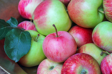 Ripe red apples in a copper bowl. Autumn background. Abundant harvest. Selective focus, top view.