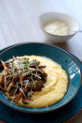 Fried mushrooms and polenta with cheese and herbs. Selective focus.