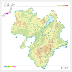 近畿の地図・Kinki（等高線・色分け）