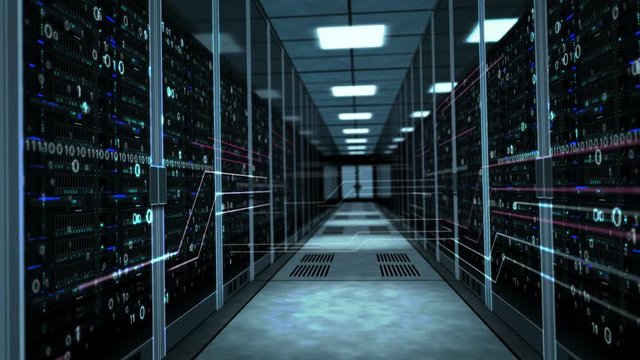 Camera rises in the corridor with server racks and dynamic digital holograms. 3D concept animation of cyber security, big data storage, database, artificial intelligence and information analizing.