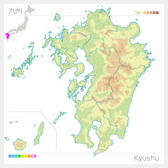 九州地方の地図・Kyushu（等高線・色分け）