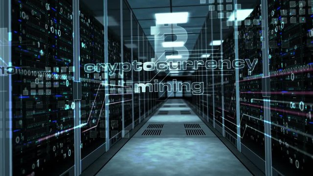 Cryptocurrency mining concept with bitcoin symbol on glass door in server room. Camera rises in the corridor with working computer racks. Blockchain 3D abstract animation.
