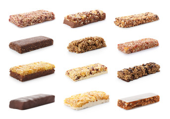 Set of different sweet protein bars on white background