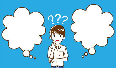 Japanese male high school student who has doubt something with two blank thought bubbles, line art