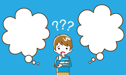 Toddler boy who has doubt something with two blank thought bubbles, line art