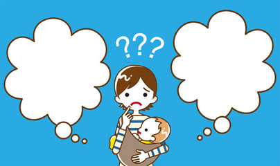 Young mother who has doubt something with two blank thought bubbles, line art