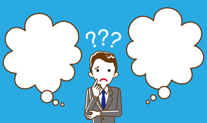 Businessman who has doubt something with two blank thought bubbles, line art
