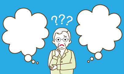 Senior man who has doubt something with two blank thought bubbles, line art