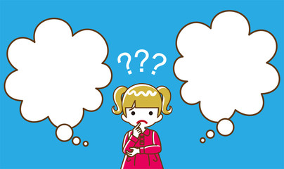 Toddler girl who has doubt something with two blank thought bubbles, line art