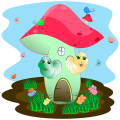 cute worms and mushroom. cartoon vector illustration.