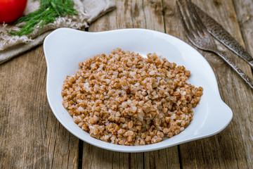 Boiled buckwheat in a plate