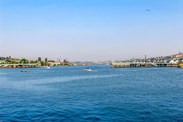 Fototapeta na wymiar Istanbul, Turkey, 17 May 2015: Galata Bridge, Golden Horn, Halic, Eyup, Pierloti