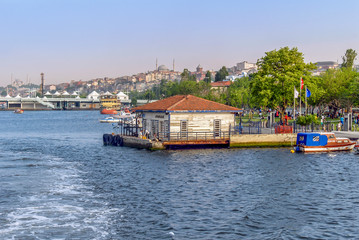 Fototapeta na wymiar Istanbul, Turkey, 17 May 2015: Ayvansaray Ship Port, Golden Horn, Halic, Eyup, Pierloti
