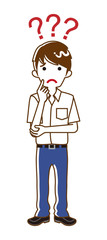 Japanese male high school student who has doubt something with three question marks -full length, line art