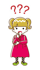 Toddler girl who has doubt something with three question marks -full length, line art