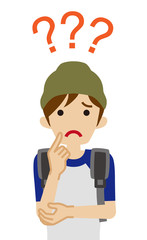 Male university student who has doubt something with three question marks -waist up