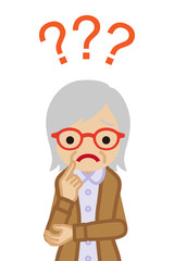 Senior woman who has doubt something with three question marks -waist up