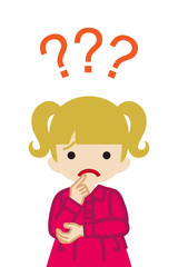 Toddler girl who has doubt something with three question marks -waist up