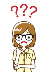 Female university student who has doubt something with three question marks -waist up, line art