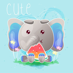 cute baby elephant eating watermelon cartoon. Can be used for kids/babies shirt design, fashion print design,t-shirt, kids wear,textile design,celebration card/ greeting card, invitation card - Vector