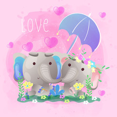 couple elephants under an umbrella. Can be used for kids/babies shirt design, fashion print design,t-shirt, kids wear,textile design,celebration card/ greeting card, invitation card - Vector