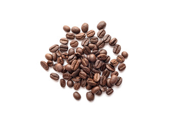 Roasted coffee beans isolated on white background. Close-up.