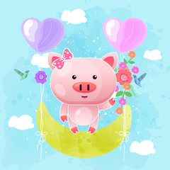 cute baby pig swing on the moon. Can be used for kids/babies shirt design, fashion print design,t-shirt, kids wear,textile design,celebration card/ greeting card, invitation card - Vector