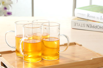 glass of orange juice on table