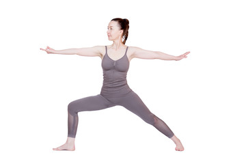 young girl performs different poses of yoga, flexible beautiful model on a white background. meditation and asanas.