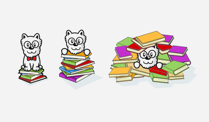 Clever Cute Dog character with alot of books. used glasses and bow tie