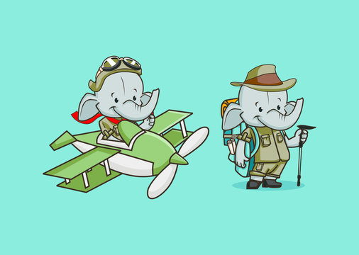 Adventure elephant character mascot, traveling with planes and bacpack