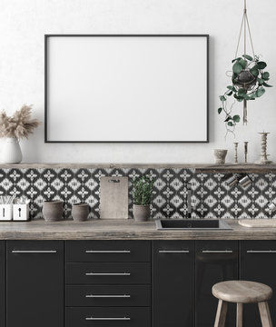 Mock up poster frame in kitchen interior background, Ethnic style, 3d render