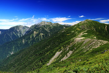 Obraz premium 南アルプス光岳への道 縦走路から見る南アルプス南部の山々 上河内岳稜線と 聖岳 兎岳 悪沢岳遠景