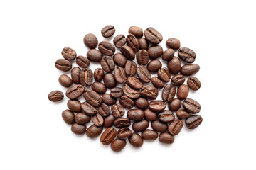 Roasted coffee beans isolated on white background. Close-up.