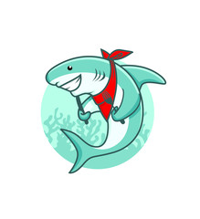 Fun Shark Mascot character logo template, with playful shark party and food