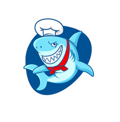 Fun Shark Mascot character logo template, with playful shark party and food