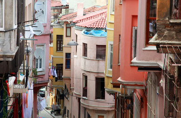 Fototapeta na wymiar Traditional street and houses at Balat District in Istanbul, Turkey.